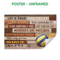 Unframed volleyball poster with a rustic wood-plank design, blue and yellow volleyball, and motivational artwork