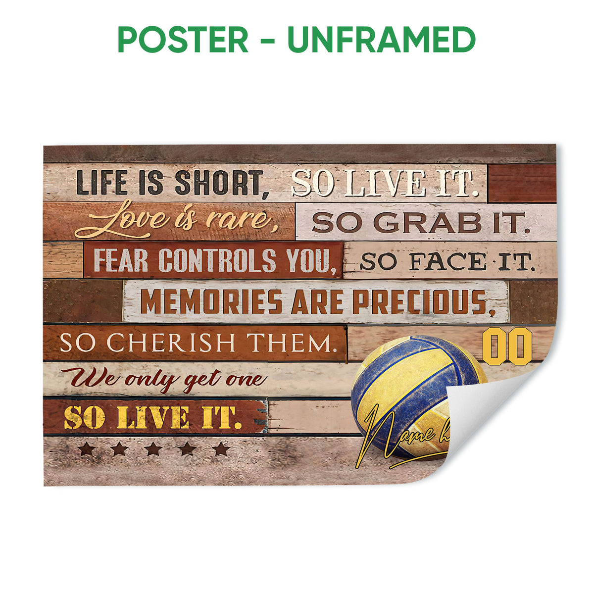Unframed volleyball poster with a rustic wood-plank design, blue and yellow volleyball, and motivational artwork