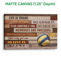 Matte canvas volleyball wall art showing the textured canvas edge and rustic wood-plank sports design