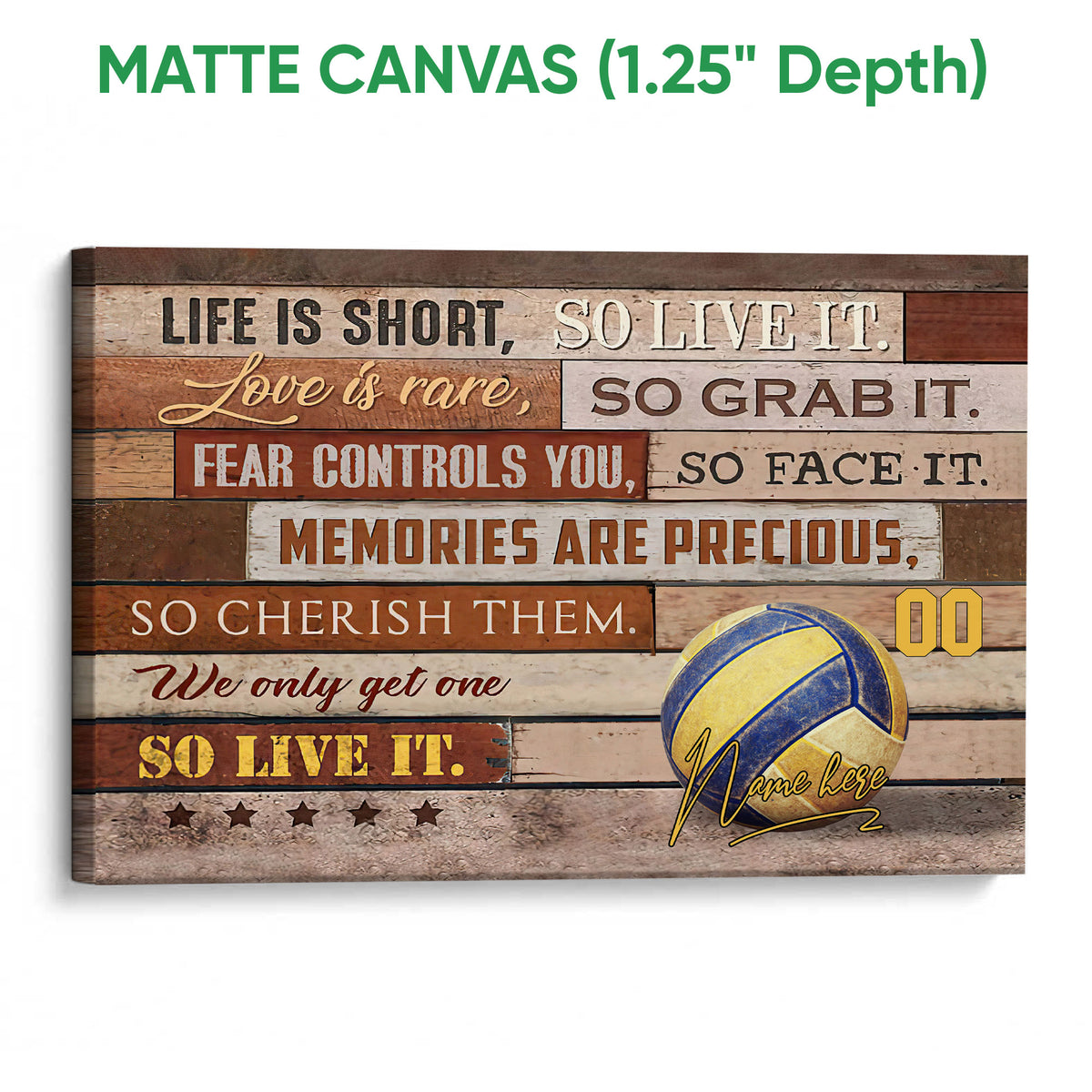 Matte canvas volleyball wall art showing the textured canvas edge and rustic wood-plank sports design