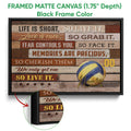 Framed volleyball canvas wall art shown with a black frame and close-up detail of the artwork and frame edge