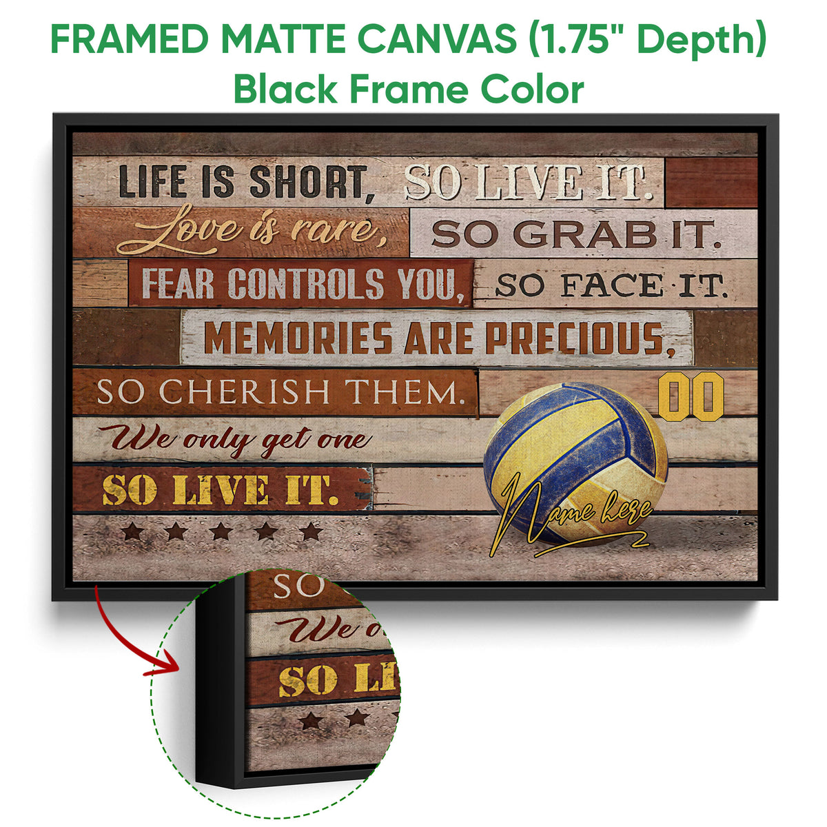 Framed volleyball canvas wall art shown with a black frame and close-up detail of the artwork and frame edge