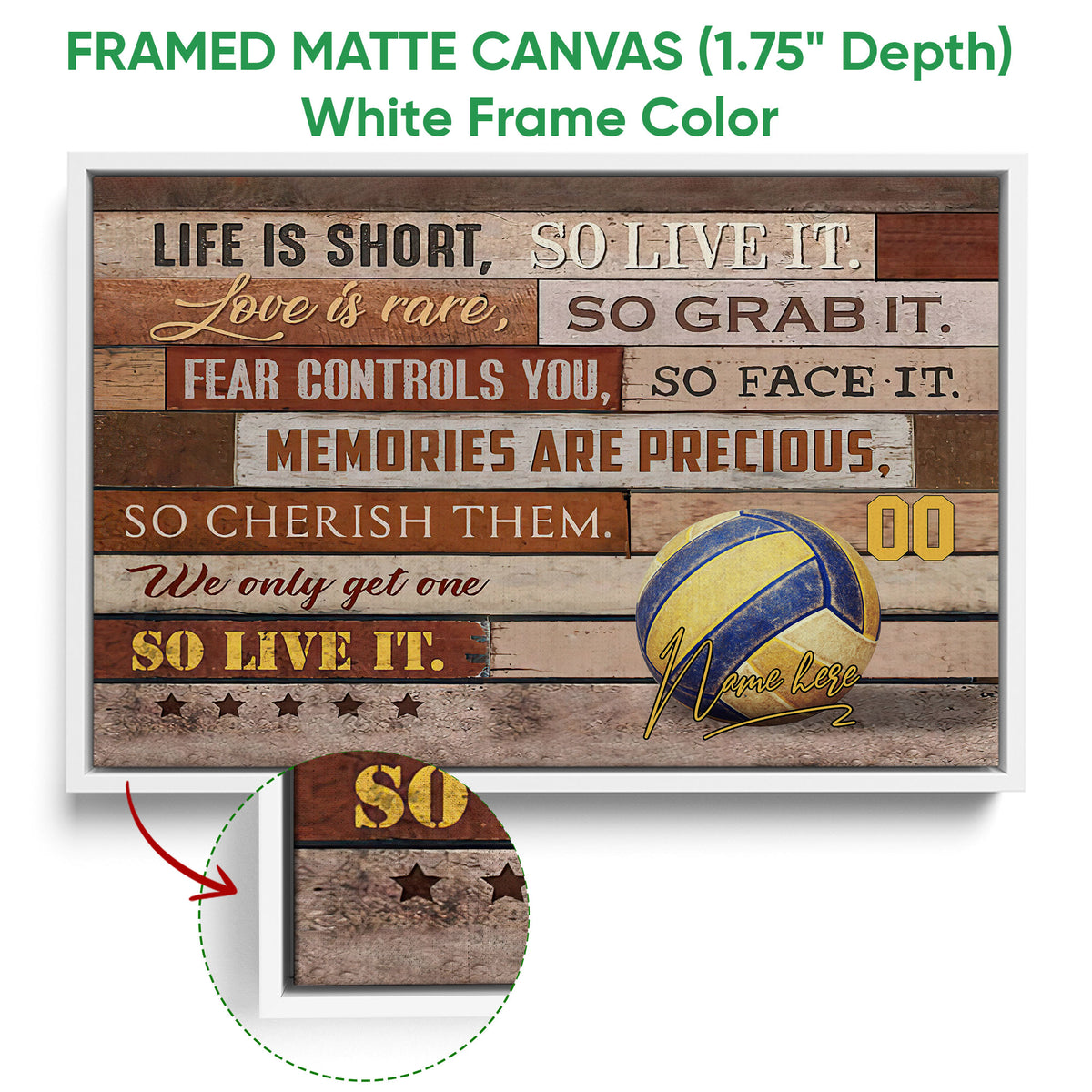 Framed volleyball canvas wall art shown with a white frame and close-up detail of the artwork and frame edge