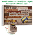 Framed volleyball canvas wall art shown with a natural wood frame and close-up textured frame detail