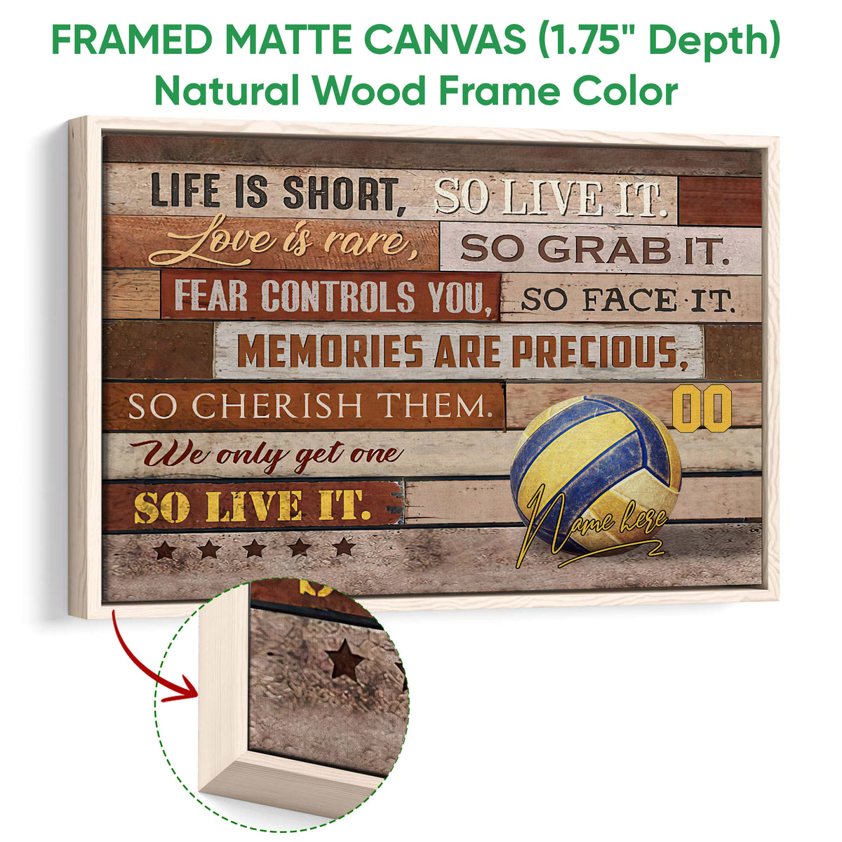 Framed volleyball canvas wall art shown with a natural wood frame and close-up textured frame detail