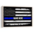 Framed police thin blue line flag wall art in black, white, and blue