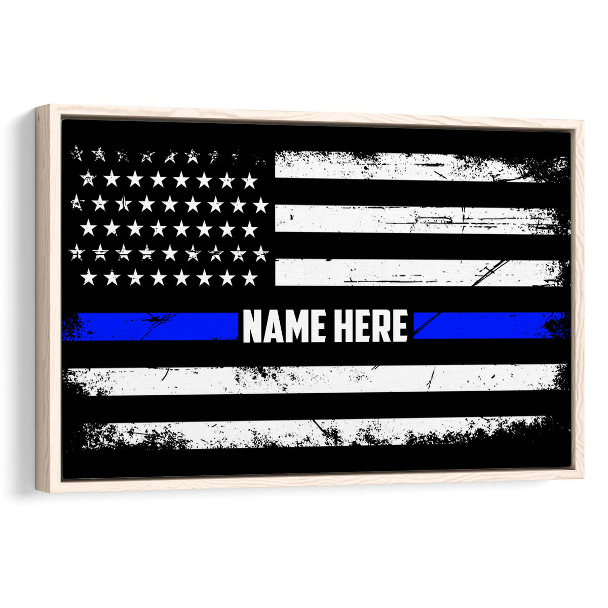 Framed police thin blue line flag wall art in black, white, and blue