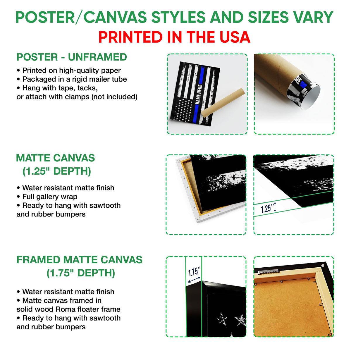 Police wall art format guide showing unframed poster, matte canvas, and framed canvas options