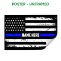 Unframed police thin blue line flag poster with distressed black, white, and blue stripes