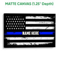 Matte canvas police thin blue line flag wall art with a distressed monochrome design