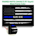 Black framed canvas police flag wall art with distressed white stripes and a blue line