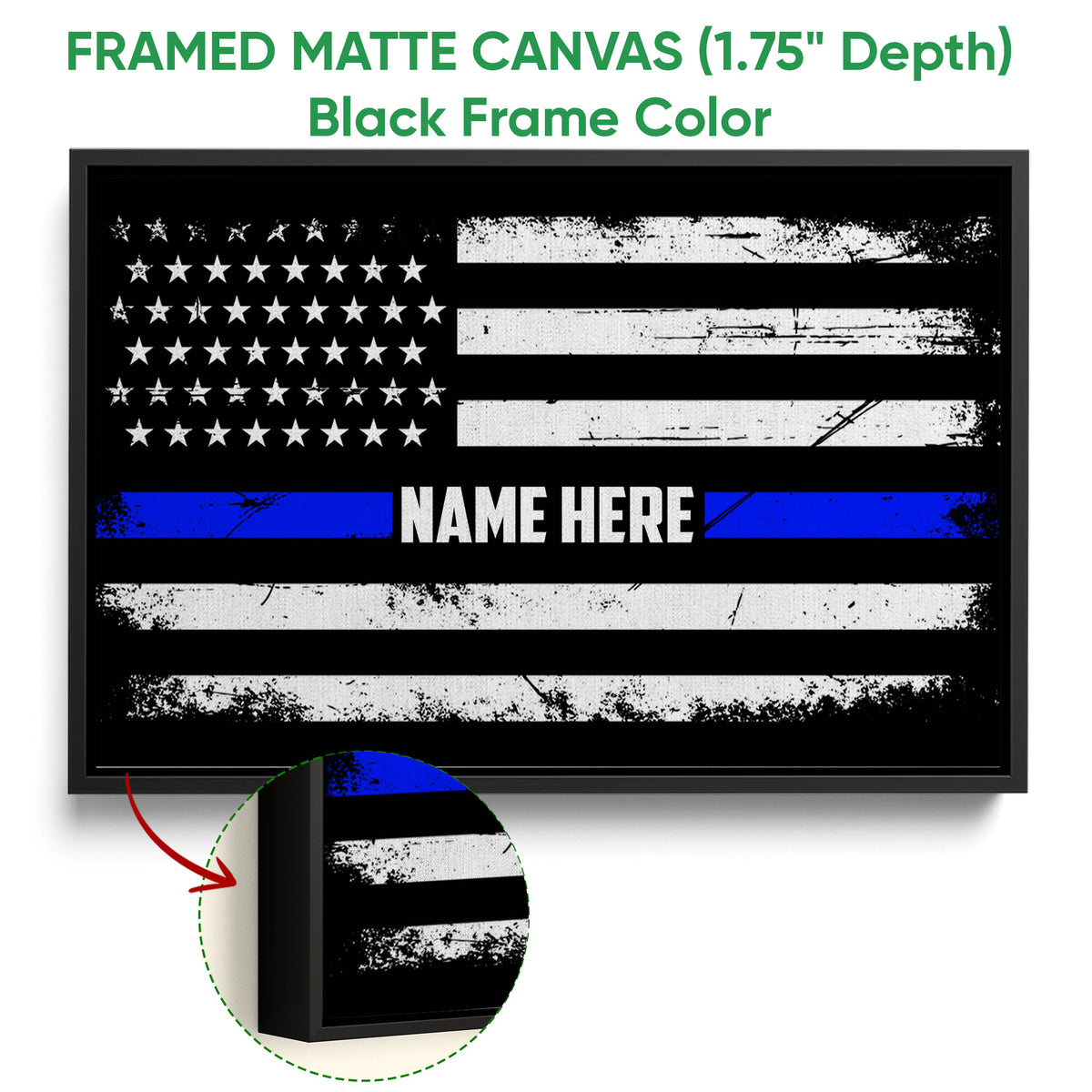 Black framed canvas police flag wall art with distressed white stripes and a blue line