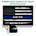 White framed police thin blue line flag canvas displayed with a detailed frame close-up