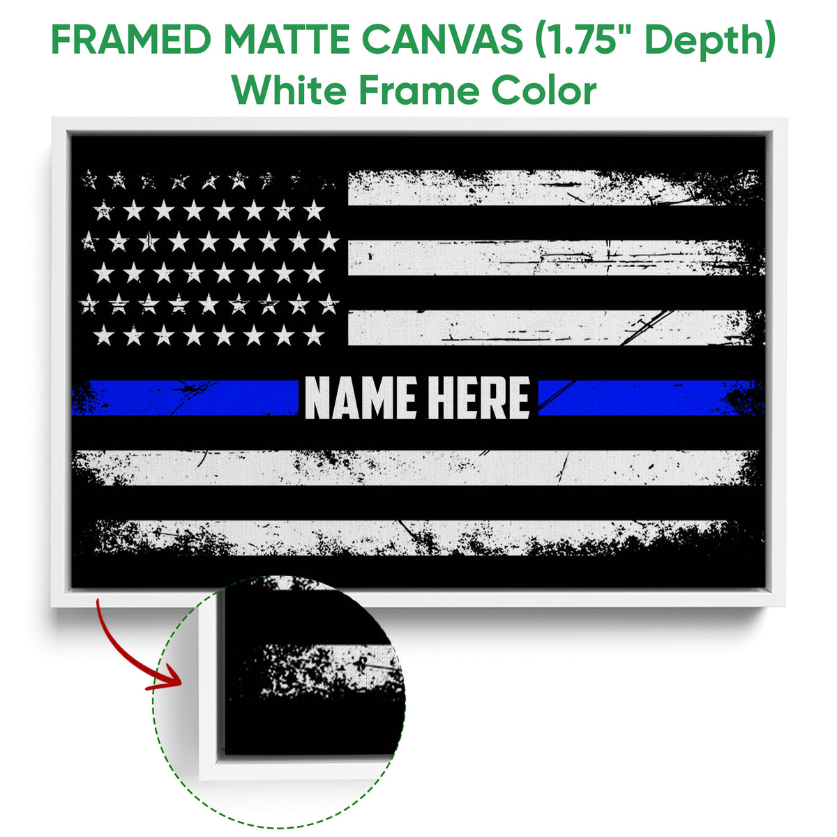 White framed police thin blue line flag canvas displayed with a detailed frame close-up