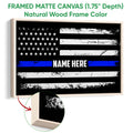 Natural wood framed police flag wall art featuring distressed black, white, and blue artwork