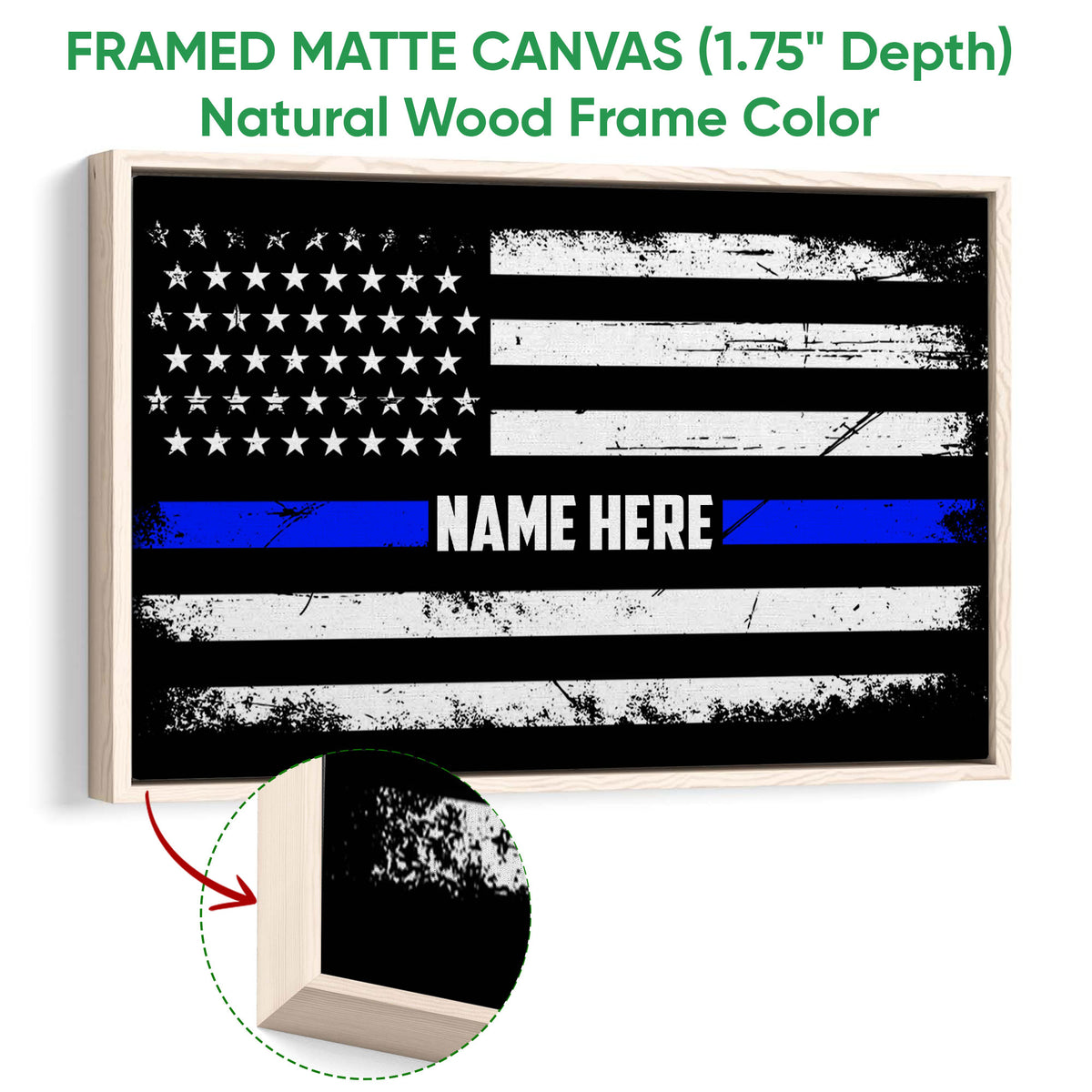 Natural wood framed police flag wall art featuring distressed black, white, and blue artwork