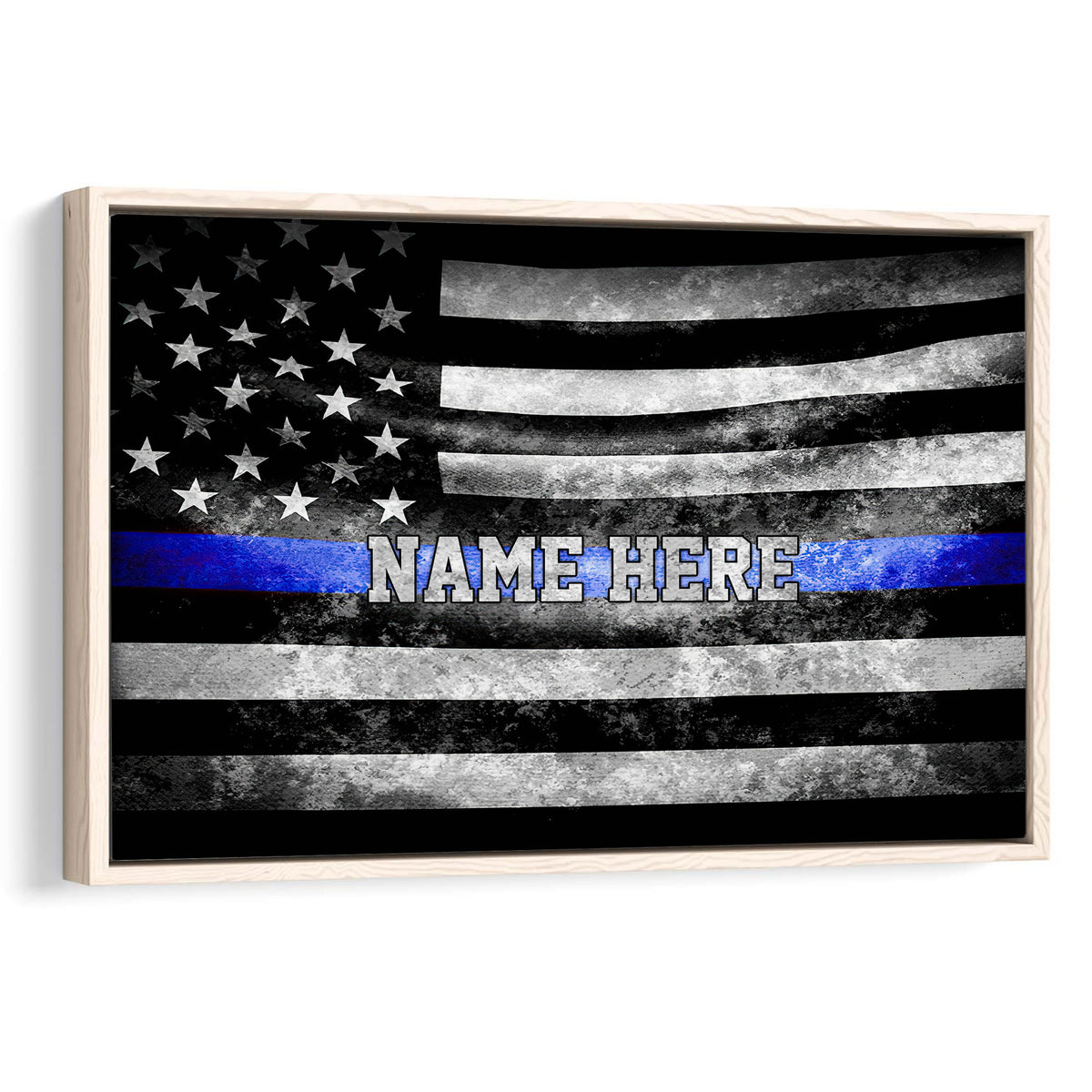 Framed police wall art featuring a distressed black and white flag with a vivid blue stripe