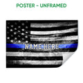 Unframed police poster featuring a distressed black and white flag with a blue stripe