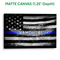 Matte canvas police wall art showing a distressed black and white flag with a blue stripe