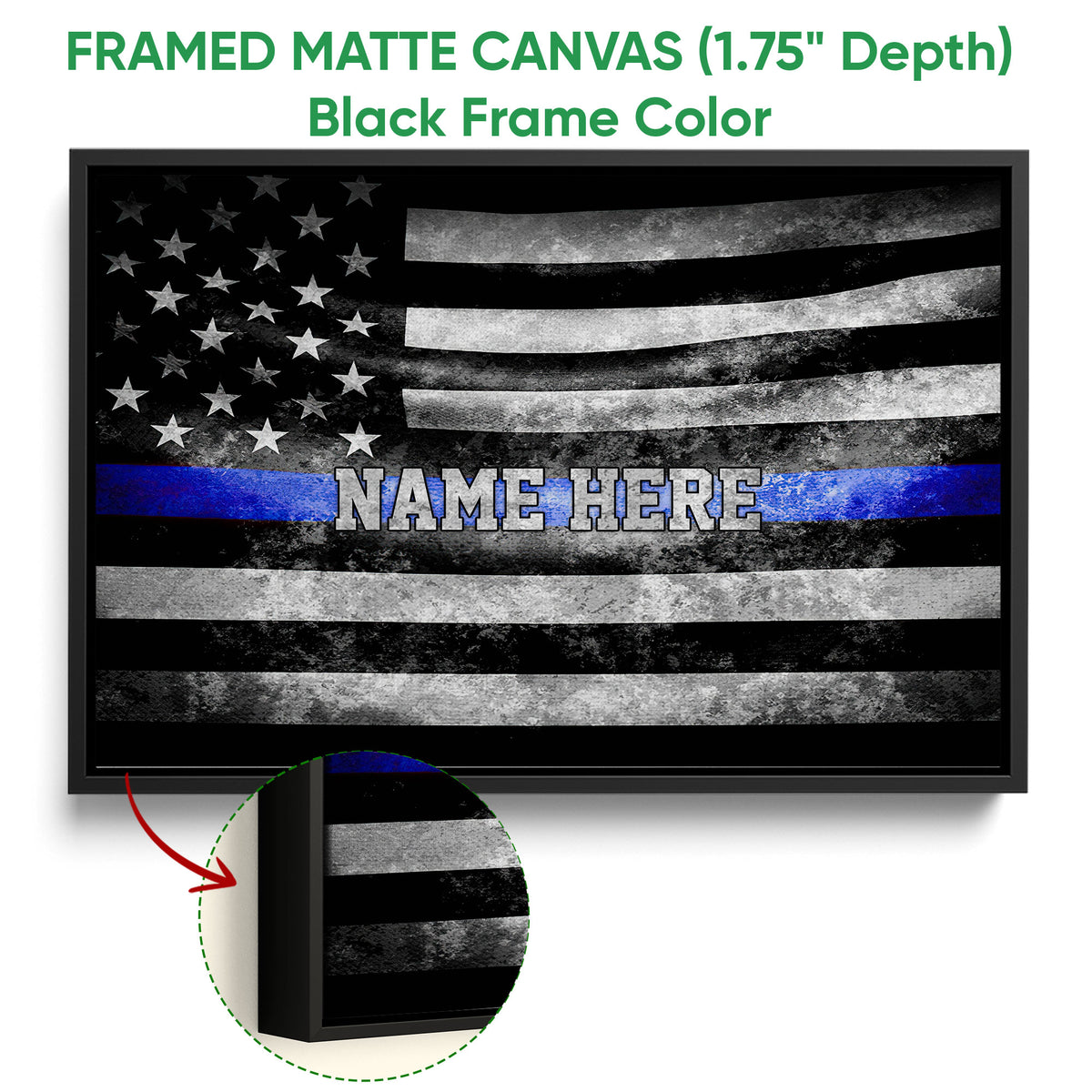 Framed matte canvas police wall art shown with a black frame and distressed blue stripe flag design