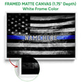 Framed matte canvas police wall art shown with a white frame and distressed blue stripe flag design