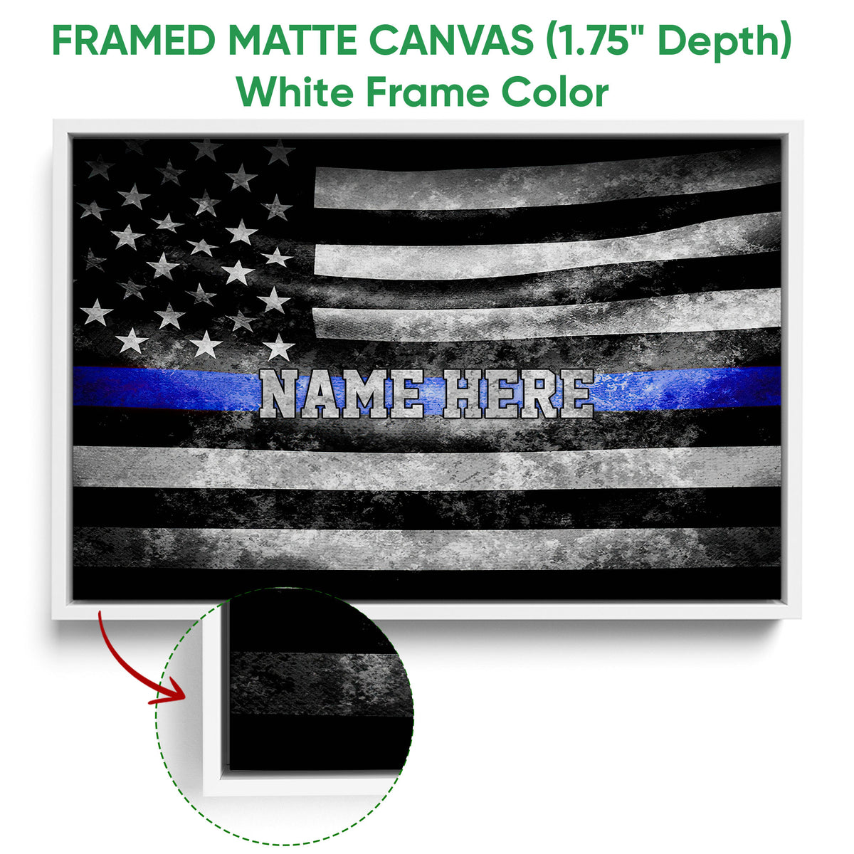 Framed matte canvas police wall art shown with a white frame and distressed blue stripe flag design
