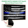 Framed matte canvas police wall art shown with a natural wood frame and blue stripe flag design