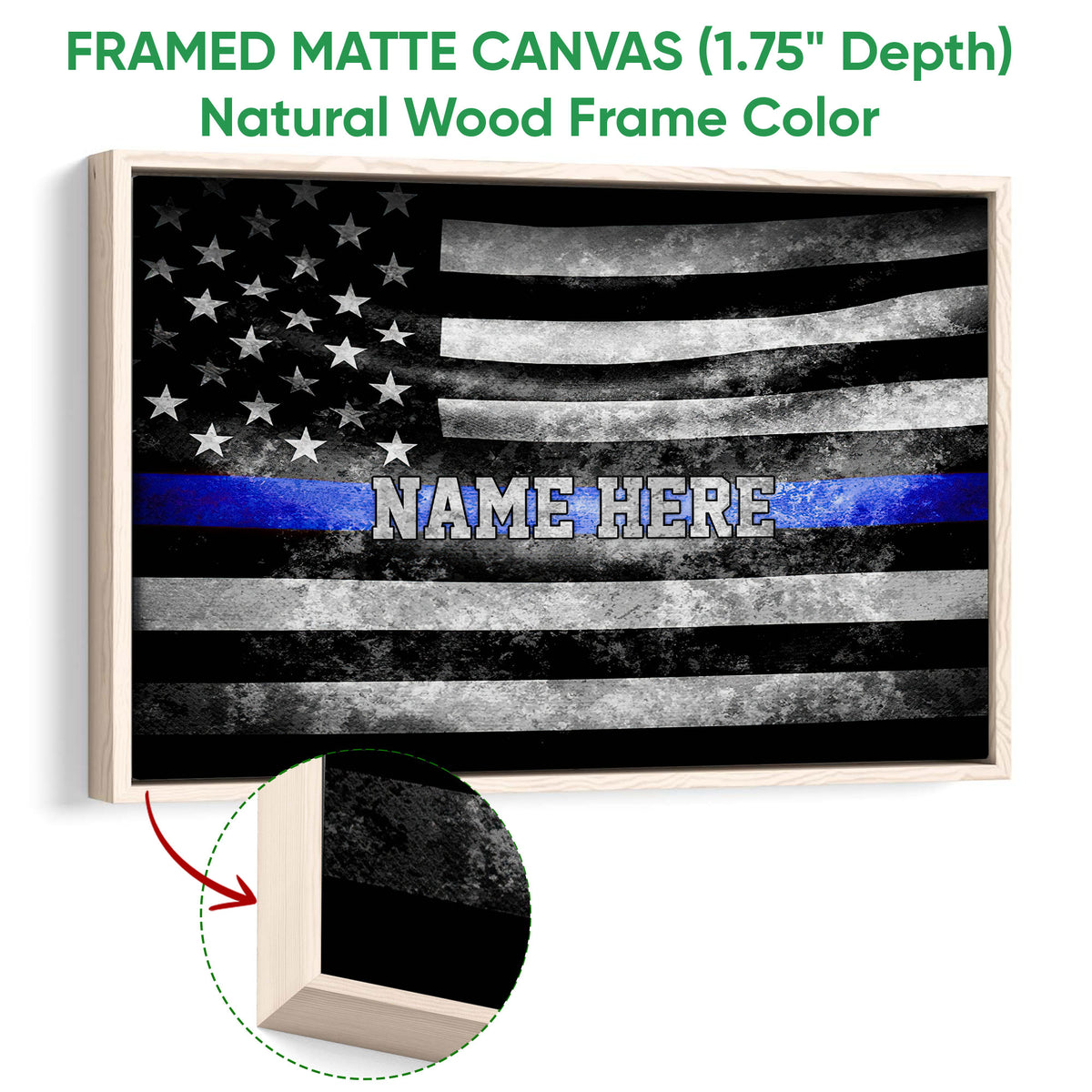 Framed matte canvas police wall art shown with a natural wood frame and blue stripe flag design