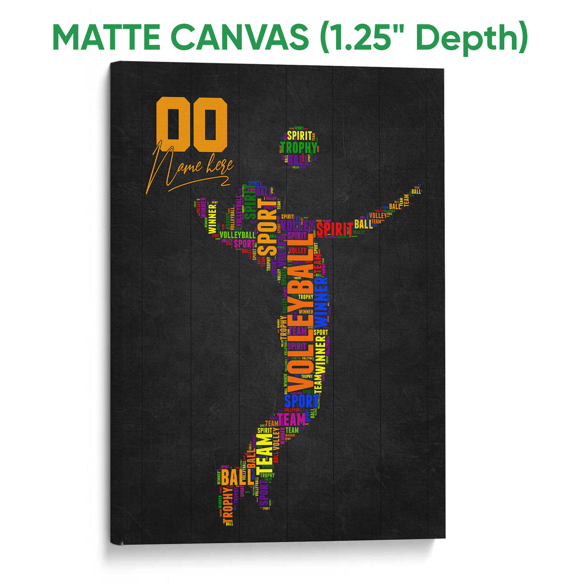 Matte canvas volleyball wall art with a vibrant word-art volleyball silhouette