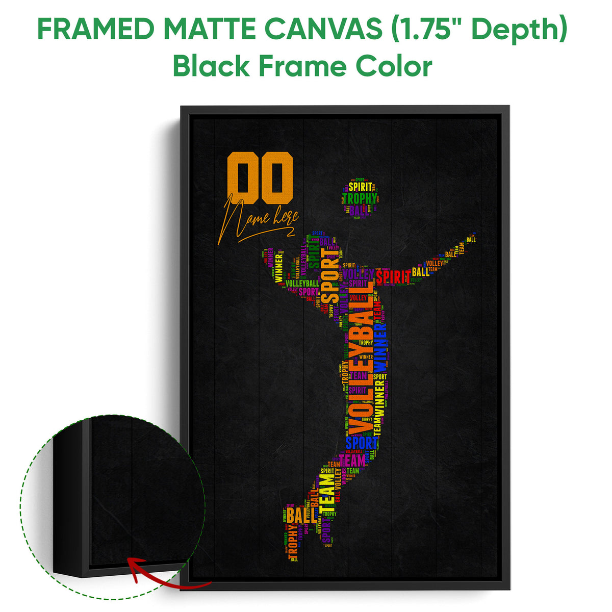 Black framed canvas volleyball wall art with colorful sports word art