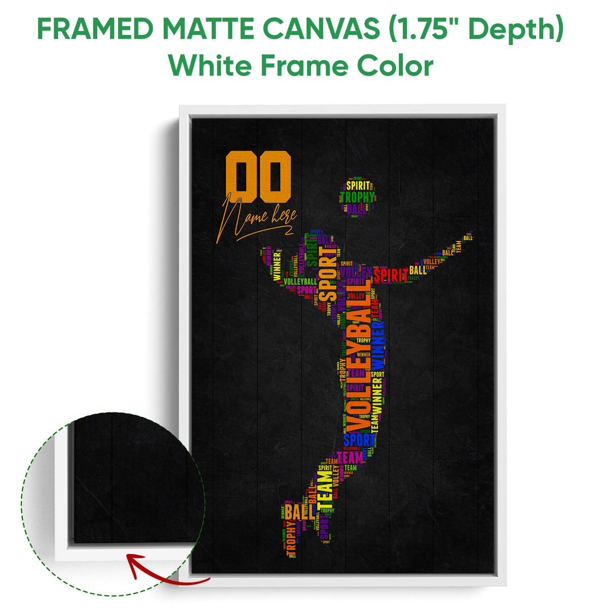 White framed canvas volleyball wall art with a multicolor word-art volleyball design