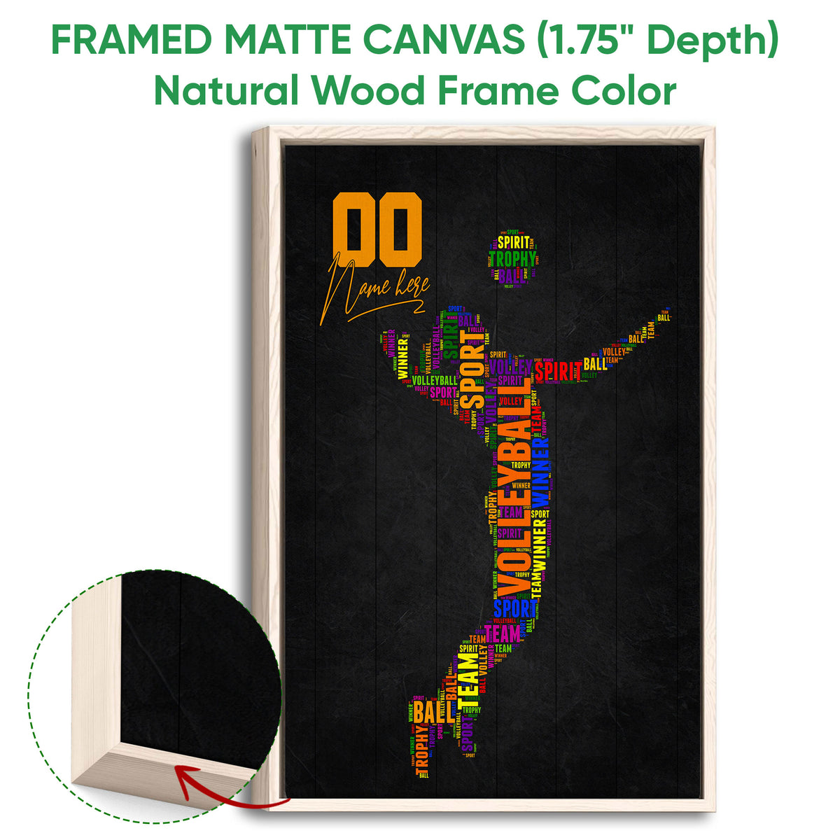 Natural wood framed volleyball wall art with colorful word-art sports design