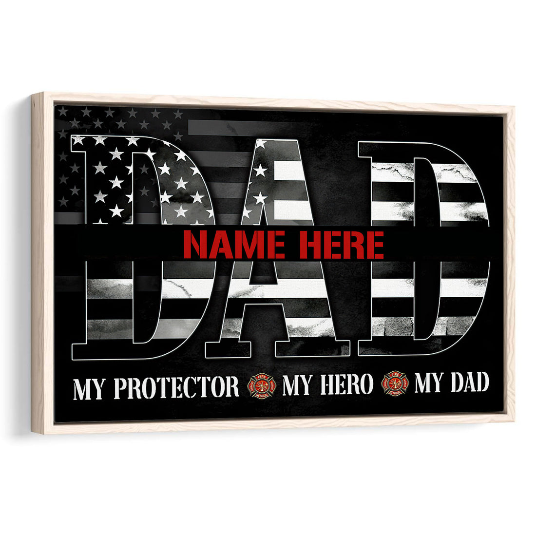Framed firefighter wall art with a black American flag design, bold typography and fire service emblems