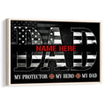 Framed firefighter wall art with a black American flag design, bold typography and fire service emblems