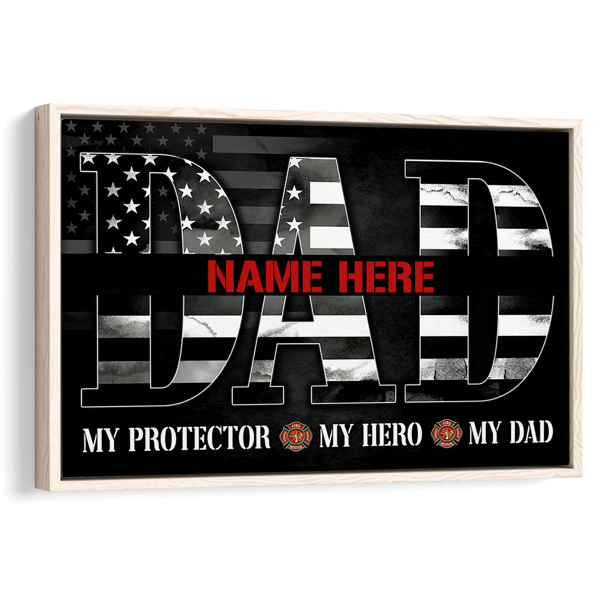 Framed firefighter wall art with a black American flag design, bold typography and fire service emblems