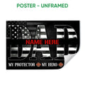 Unframed firefighter poster with a black American flag design, bold lettering and fire service emblems
