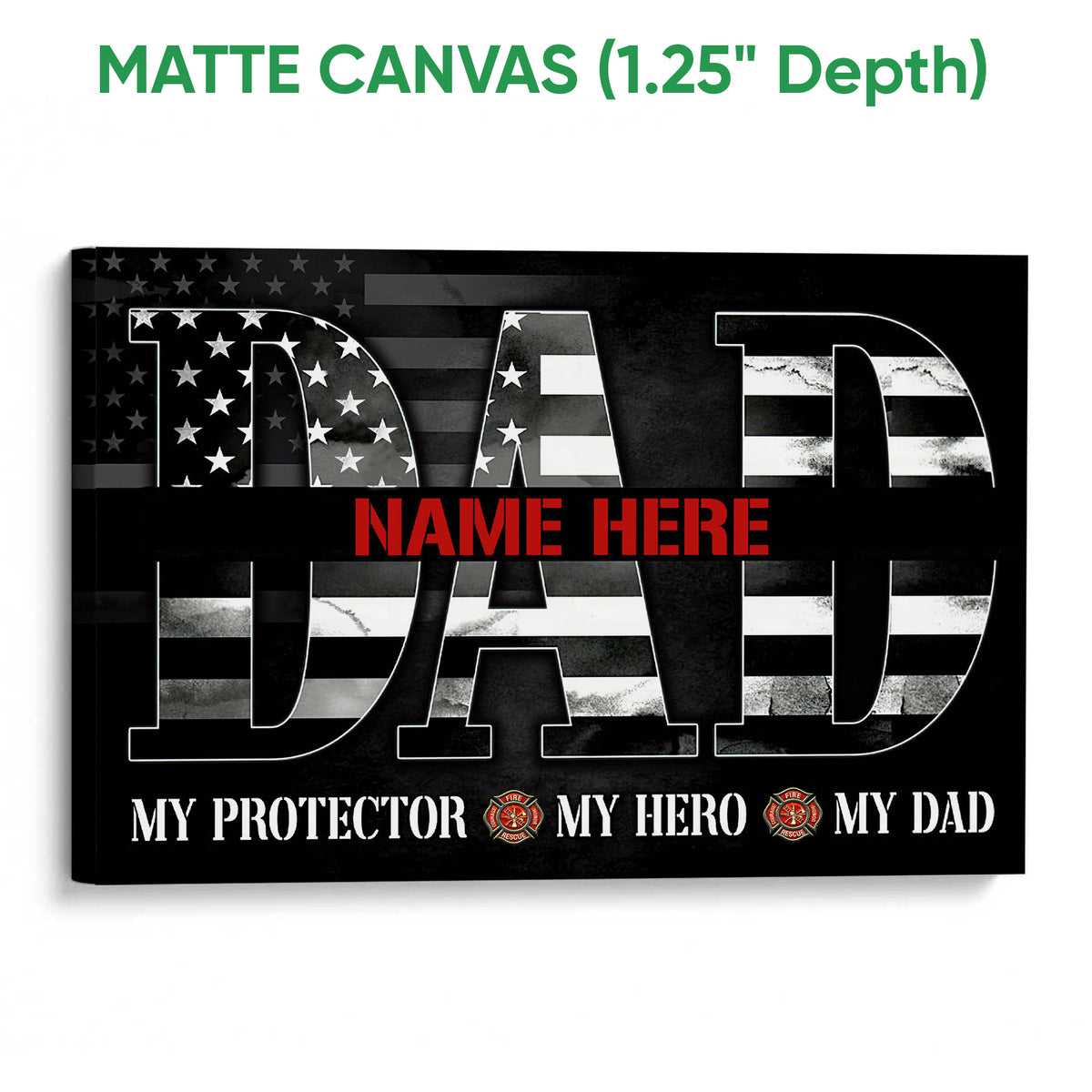 Matte canvas firefighter wall art featuring a distressed black flag design and fire service emblems