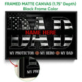Framed firefighter canvas wall art shown with a black floater frame and bold flag-inspired artwork