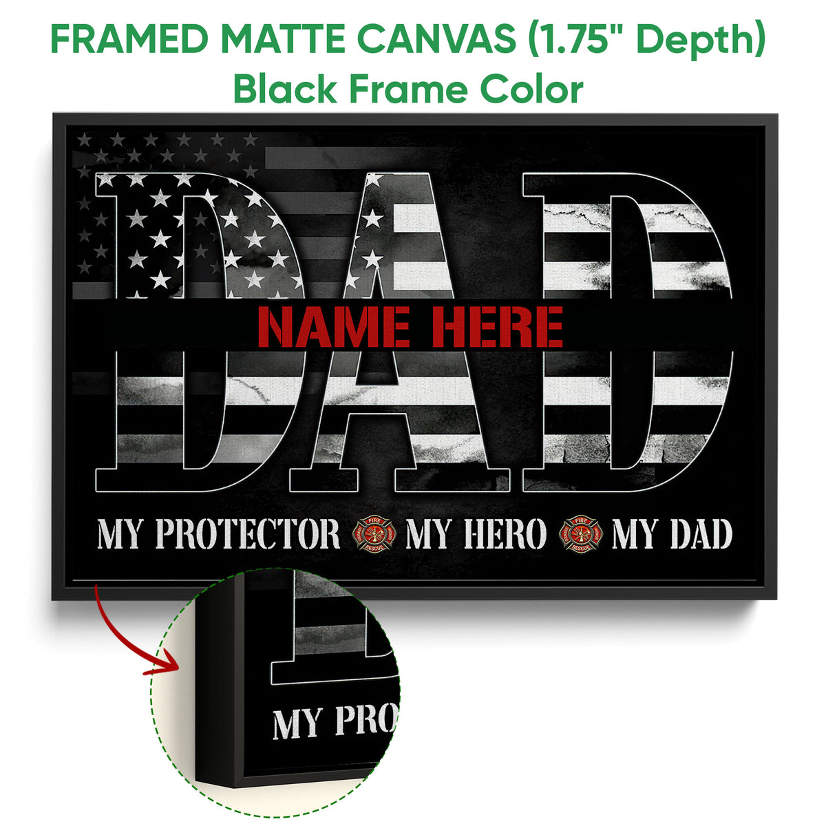 Framed firefighter canvas wall art shown with a black floater frame and bold flag-inspired artwork