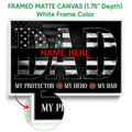 Framed firefighter canvas wall art shown with a white floater frame and black flag-inspired design