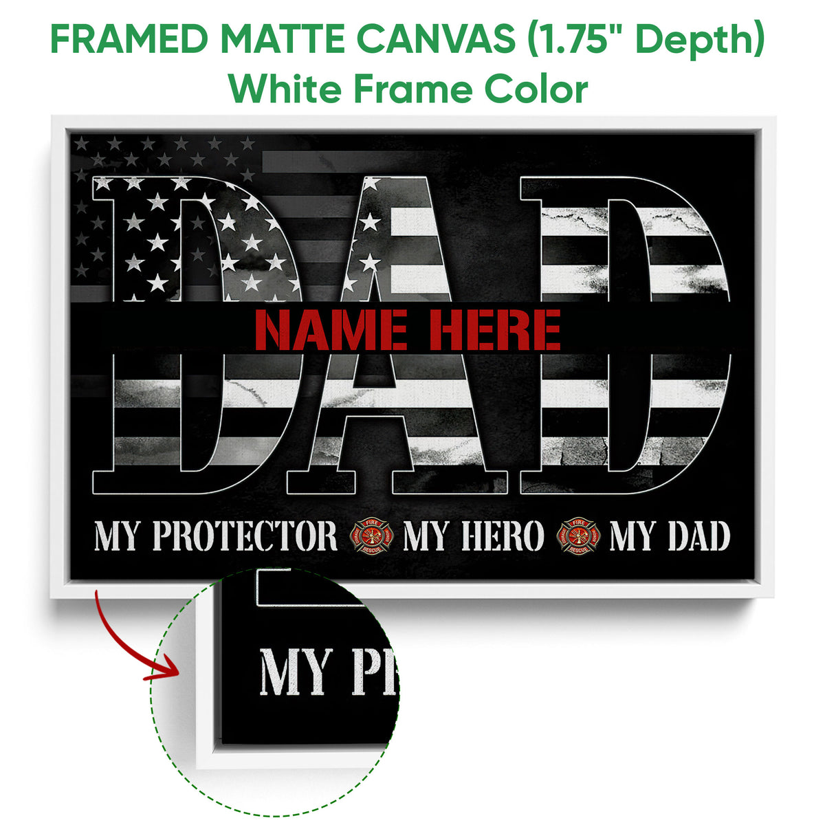 Framed firefighter canvas wall art shown with a white floater frame and black flag-inspired design
