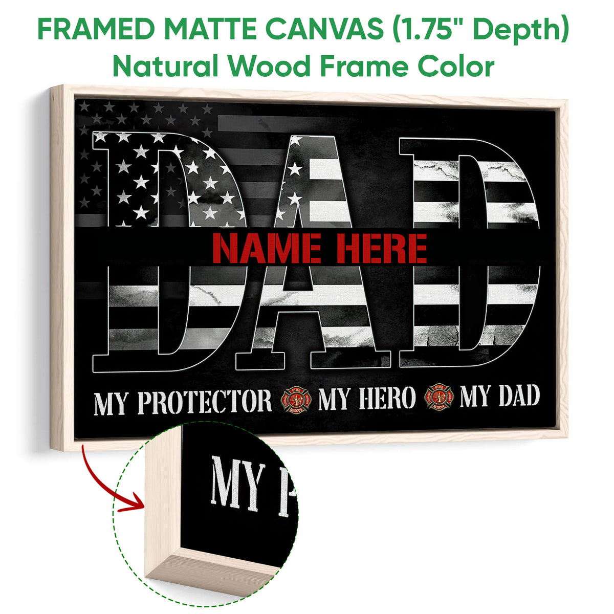Framed firefighter canvas wall art shown in a natural wood frame with bold black and white artwork