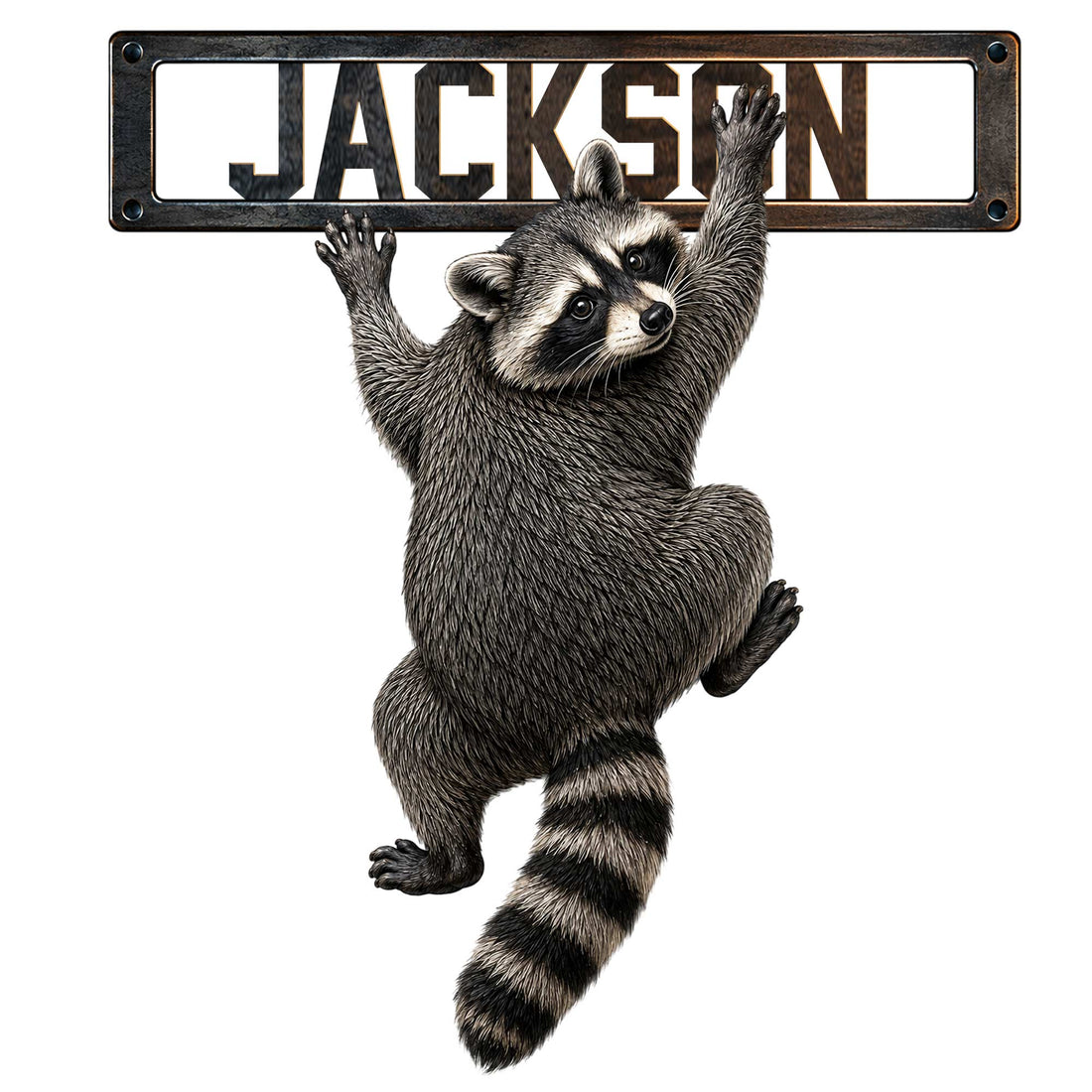 Detailed climbing raccoon metal sign beneath a rustic rectangular frame with a bold wildlife design
