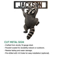 Raccoon cut metal sign shown with a framed header and product feature information