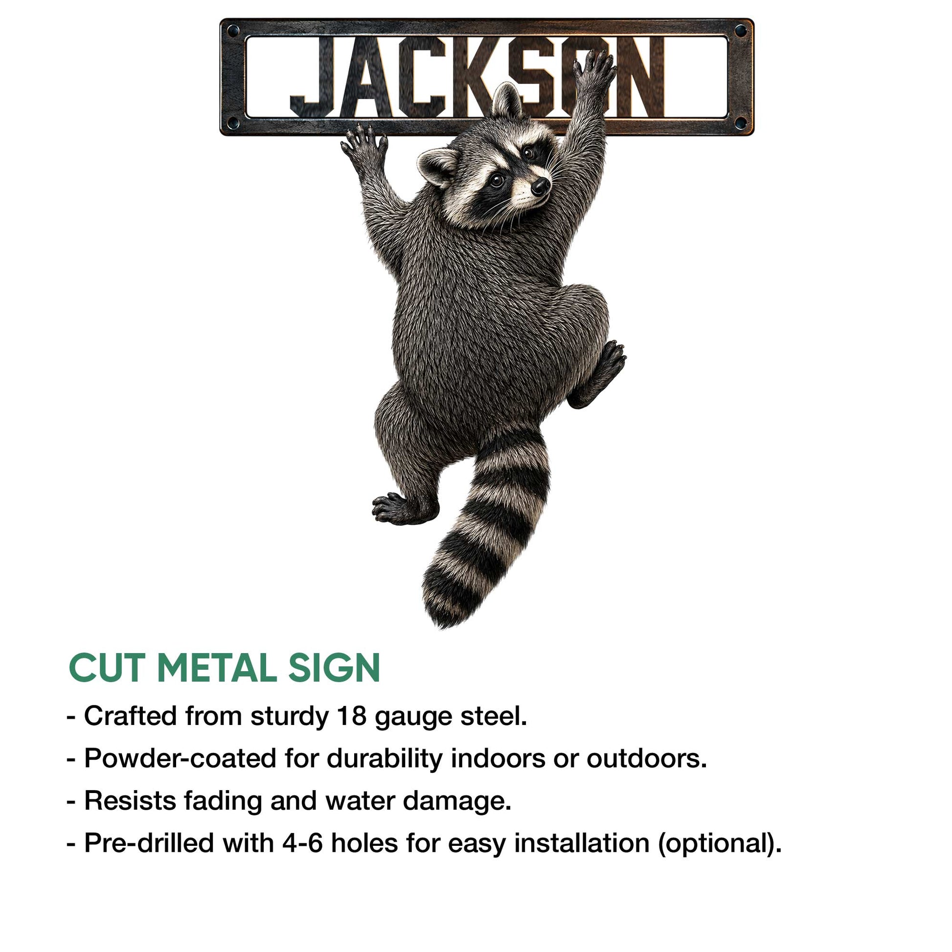 Raccoon cut metal sign shown with a framed header and product feature information