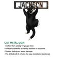 Tuxedo cat cut metal sign shown with a playful climbing cat design and installation feature details