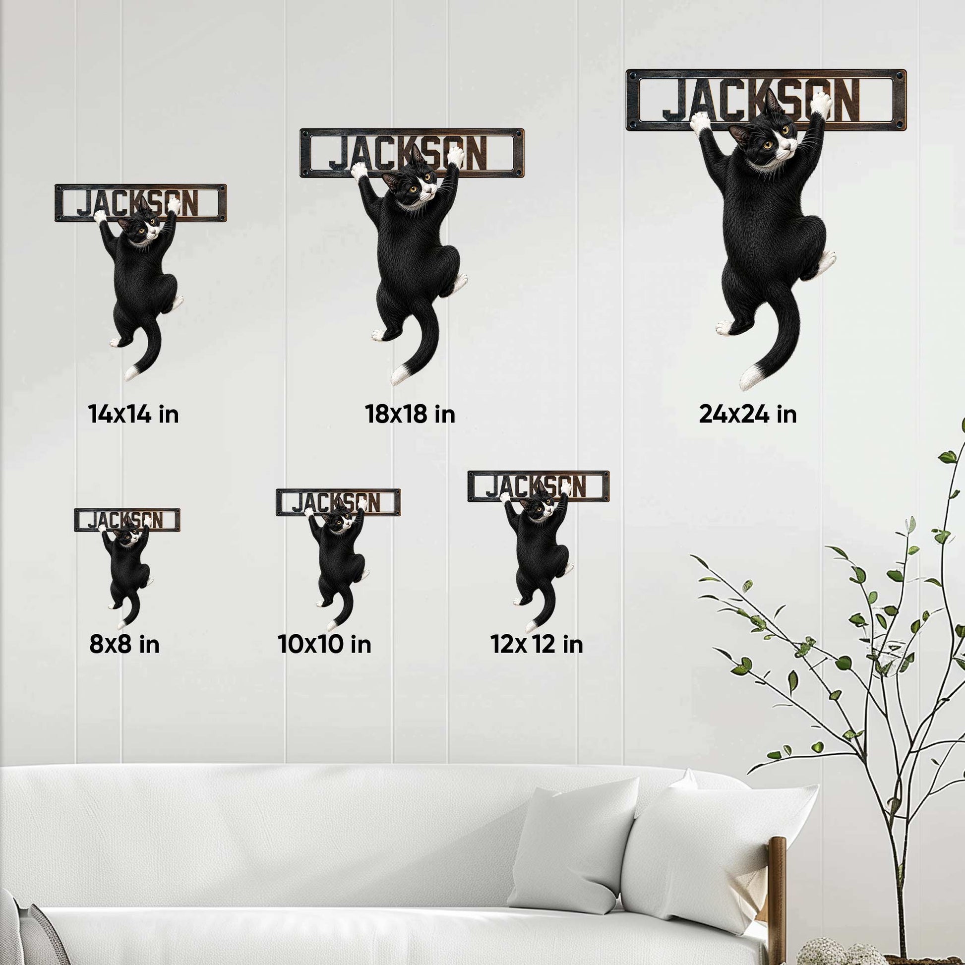 Tuxedo cat metal sign size guide showing available square dimensions from 8 by 8 to 24 by 24 inches