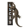 Realistic gecko metal sign featuring a detailed climbing reptile and vertical custom design