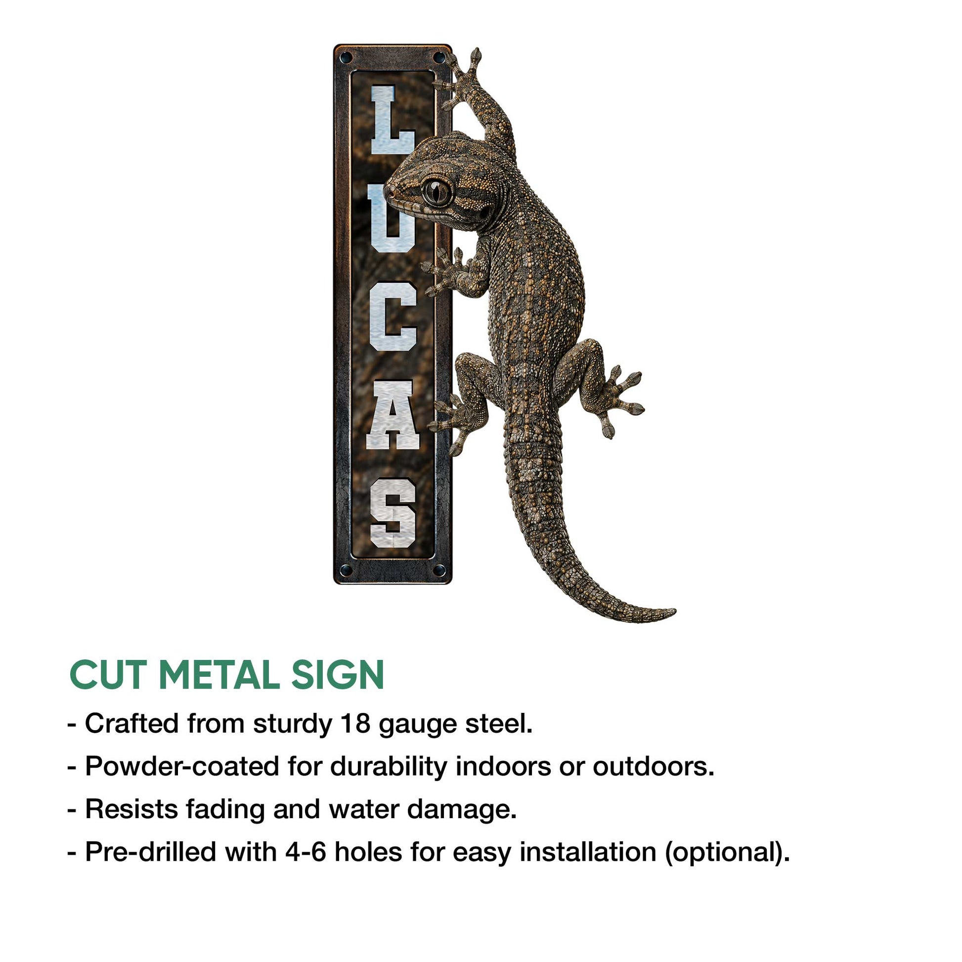 Gecko metal wall sign shown with cut-metal construction and indoor or outdoor display features