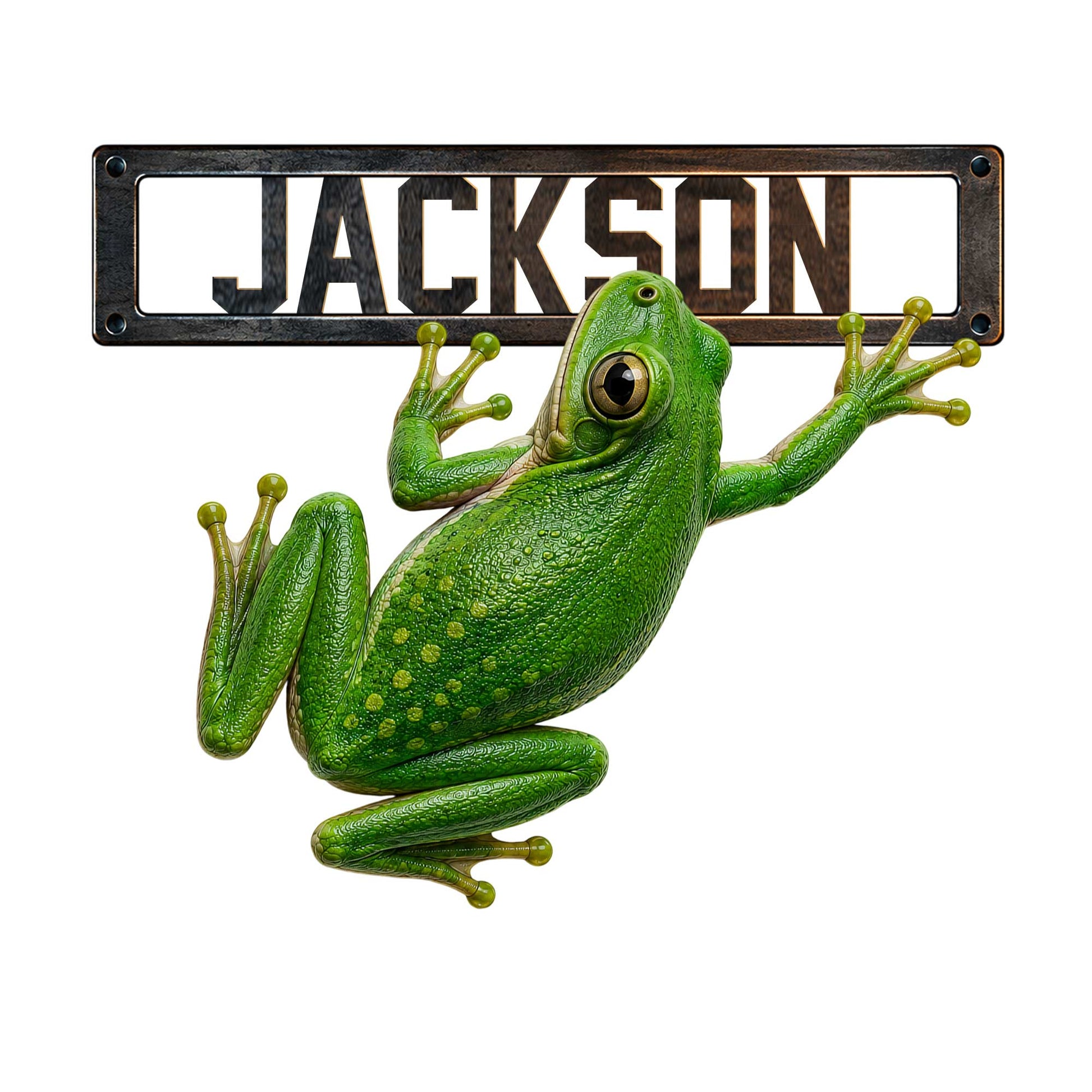 Green frog metal sign with a realistic tree frog design and dark decorative border
